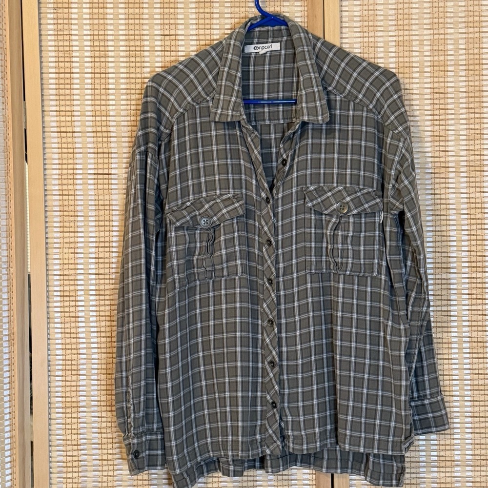 RipCurl Shirt Mens L Button Up Shirt Gray Plaid Streetwear Preppy Western Ranch